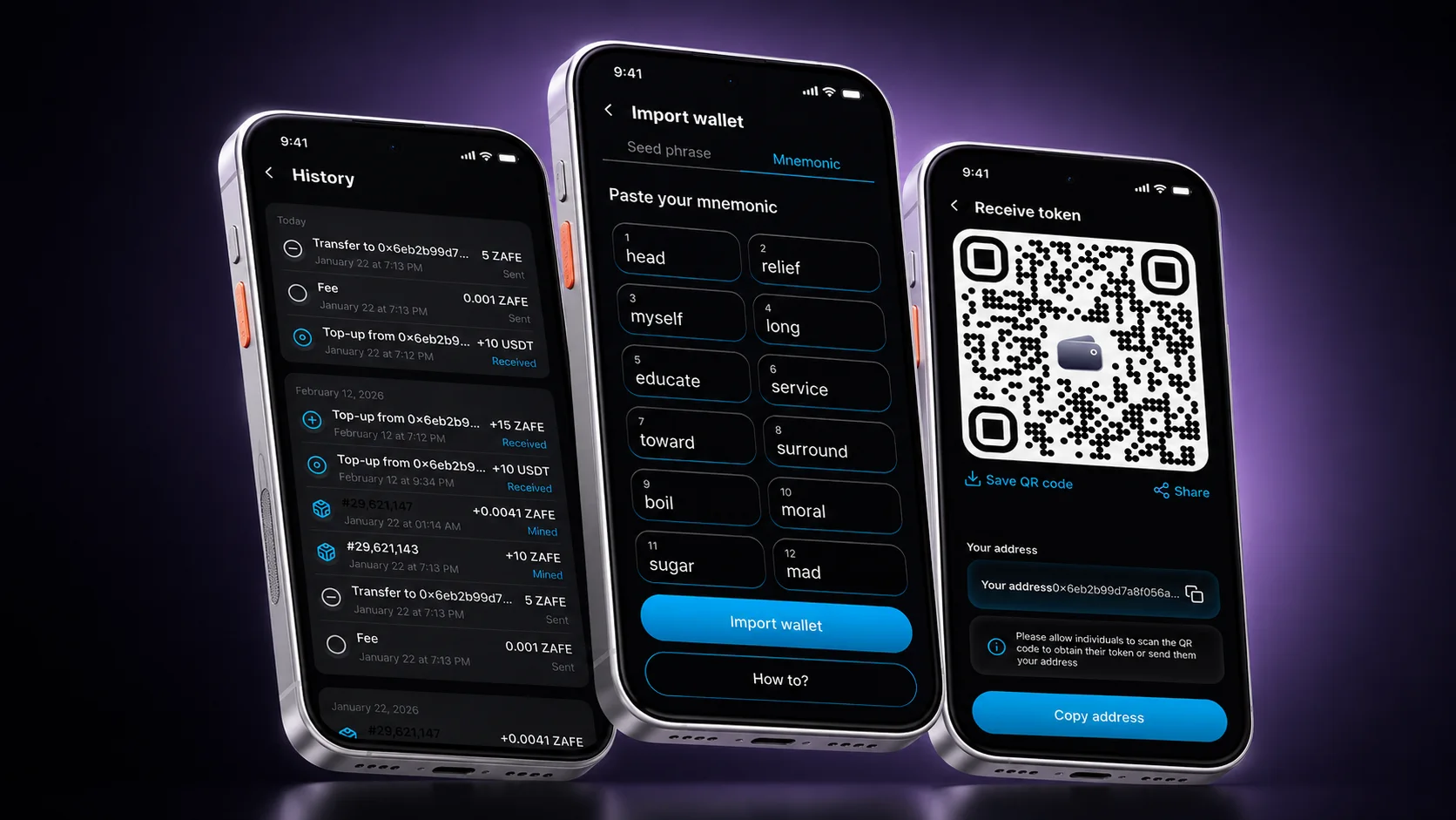 Zafe Wallet three-smartphone operation screens